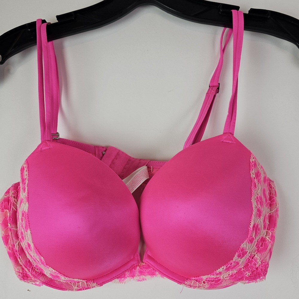 PINK Victorias Secret Heartbreaker Push Up Hot Pink Underwire Bra 36C Lace Satin